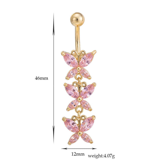 Steel butterfly-shaped pink zirconium belly ring, 46mm long, stylish navel jewelry for women, gold electroplated design.