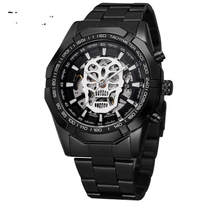 Official men's automatic gold watch with steel strap and skeleton design, 46.5mm dial, and mineral glass.