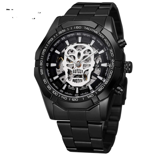 Official men's automatic gold watch with steel strap and skeleton design, 46.5mm dial, and mineral glass.