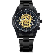 Official men's automatic gold skeleton watch with black steel strap and unique skull design, perfect for any occasion.