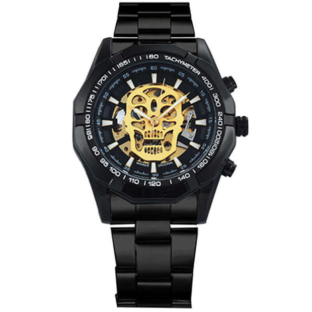 Official men's automatic gold skeleton watch with black steel strap and unique skull design, perfect for any occasion.