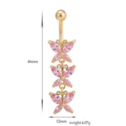 Steel butterfly-shaped navel ring with pink zirconium, electroplated gold, stylish belly accessory for women.