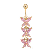 Steel butterfly-shaped navel ring with pink zirconium, stylish accessory for women, perfect for belly piercing.