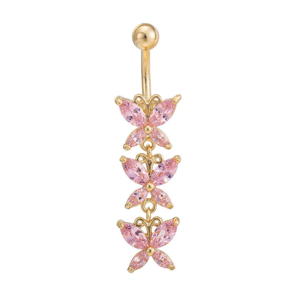 Steel butterfly-shaped navel ring with pink zirconium, stylish accessory for women, perfect for belly piercing.
