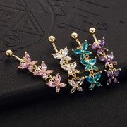 Steel butterfly-shaped belly rings with various colored zirconium for women's navel decoration.