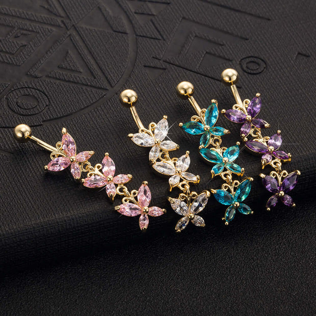 Steel butterfly-shaped belly rings with various colored zirconium for women's navel decoration.