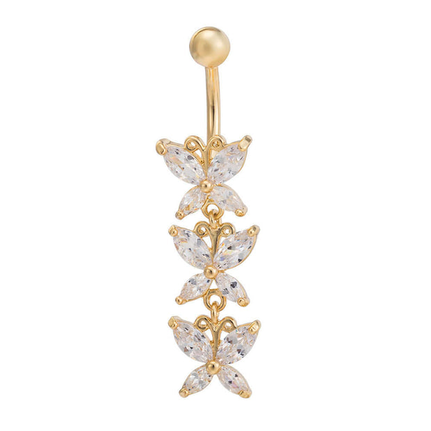 Elegant gold butterfly-shaped belly ring with zirconium, perfect navel accessory for women.