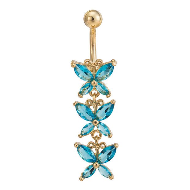 Steel butterfly-shaped navel ring with blue zirconium stones, stylish body jewelry for women.