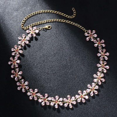 Trendy rhinestone clavicle chain necklace with pink diamond flower design, gold plated for women.