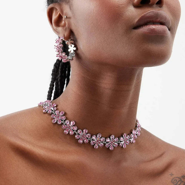 Trendy rhinestone clavicle chain necklace and flower earrings for women, featuring pink diamond accents.