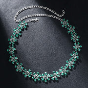 Trendy rhinestone clavicle chain necklace with green flower design for women, silver plated, stylish accessories.