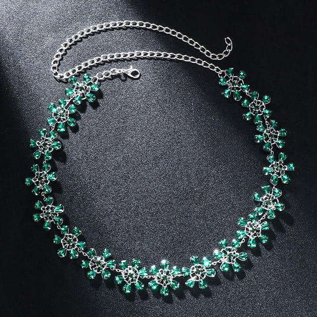 Trendy rhinestone clavicle chain necklace with green flower design for women, silver plated, stylish accessories.