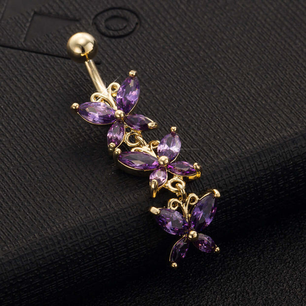 Stylish butterfly-shaped purple zirconium navel ring in gold electroplating, perfect for women's navel jewelry.