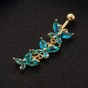 Steel butterfly-shaped navel ring with blue zirconium stones, perfect belly accessory for women.