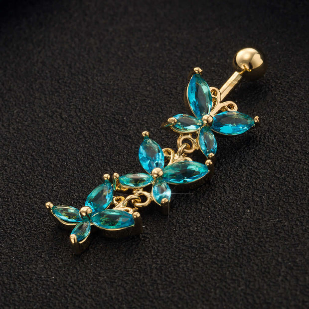 Steel butterfly-shaped navel ring with blue zirconium stones, perfect belly accessory for women.